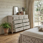 57" White Carved Floral Solid Wood Nine Drawer Dresser