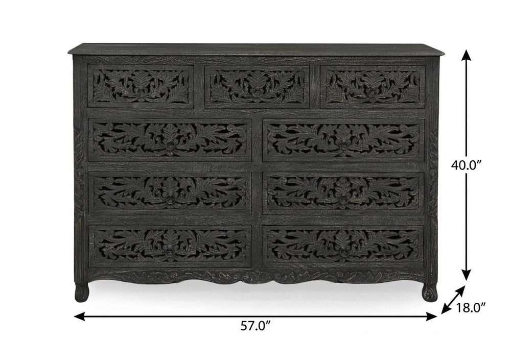 57" White Carved Floral Solid Wood Nine Drawer Dresser