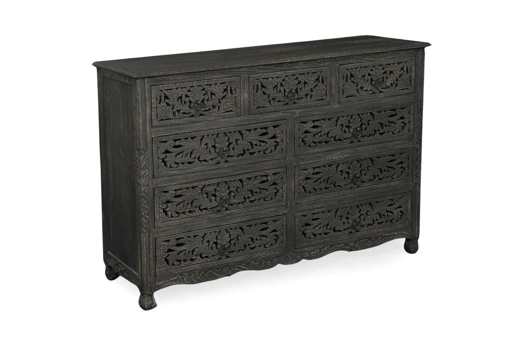 57" White Carved Floral Solid Wood Nine Drawer Dresser