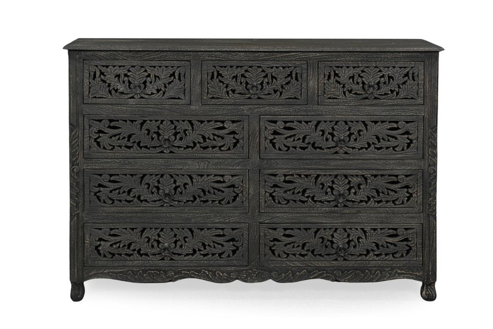 57" White Carved Floral Solid Wood Nine Drawer Dresser