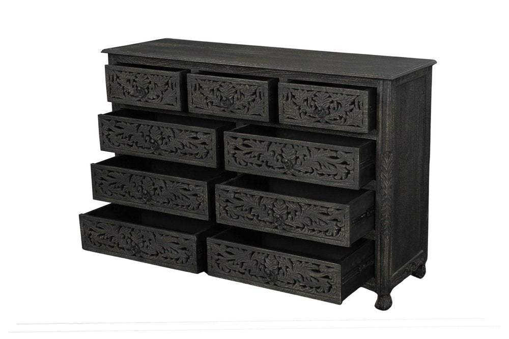 57" White Carved Floral Solid Wood Nine Drawer Dresser