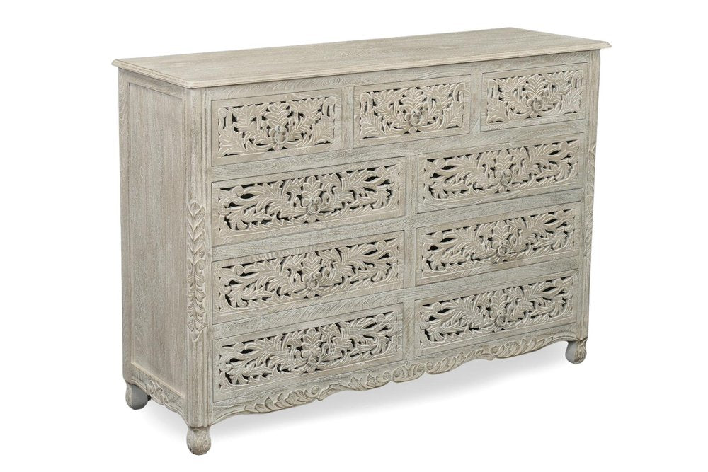 57" White Carved Floral Solid Wood Nine Drawer Dresser