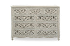 57" White Carved Floral Solid Wood Nine Drawer Dresser