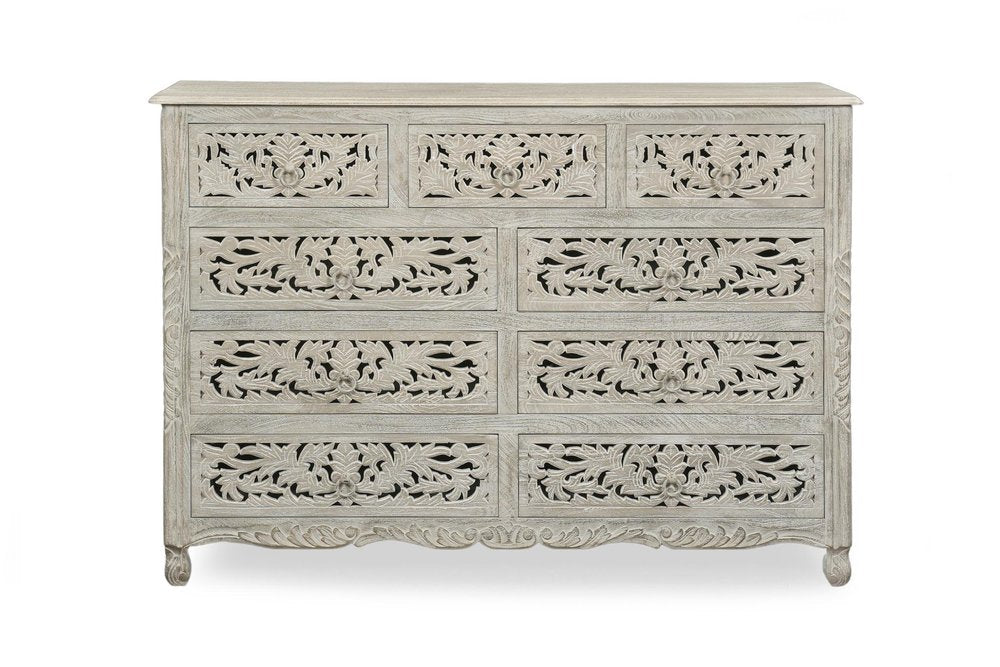 57" White Carved Floral Solid Wood Nine Drawer Dresser