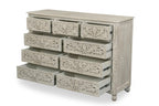 57" White Carved Floral Solid Wood Nine Drawer Dresser