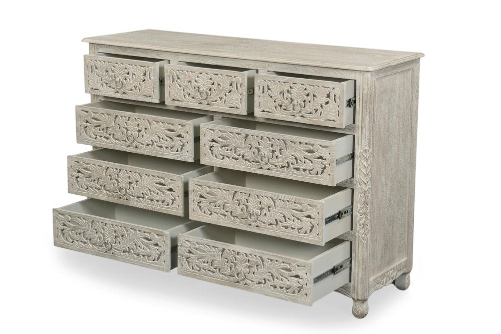 57" White Carved Floral Solid Wood Nine Drawer Dresser