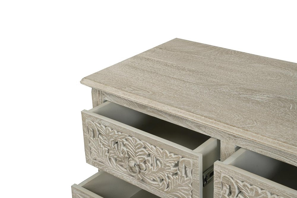 57" White Carved Floral Solid Wood Nine Drawer Dresser