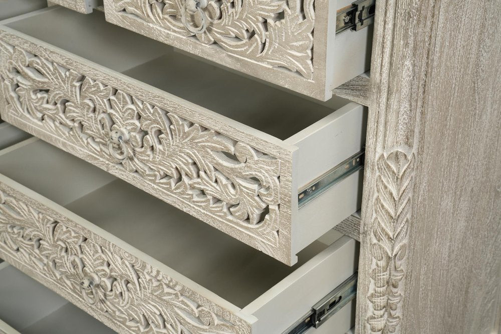 57" White Carved Floral Solid Wood Nine Drawer Dresser