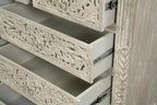 57" White Carved Floral Solid Wood Nine Drawer Dresser