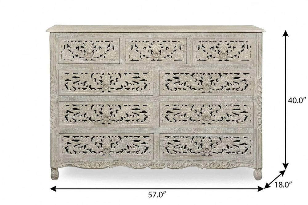 57" White Carved Floral Solid Wood Nine Drawer Dresser