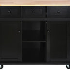 53" Brown and Black Wood Flat Door Rolling Kitchen Cart With Storage