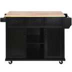 53" Brown and Black Wood Flat Door Rolling Kitchen Cart With Storage