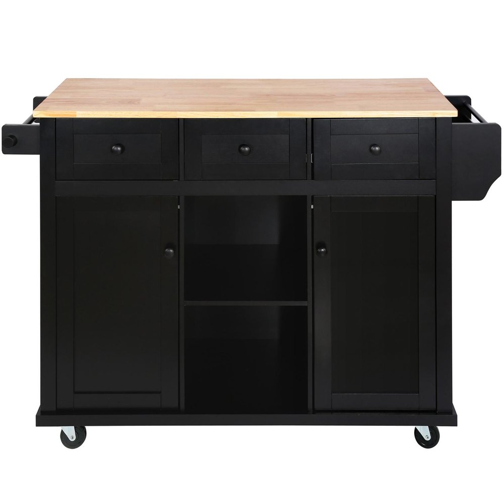 53" Brown and Black Wood Flat Door Rolling Kitchen Cart With Storage