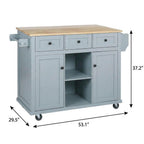 53" Brown and Blue Wood Flat Door Rolling Kitchen Cart With Storage