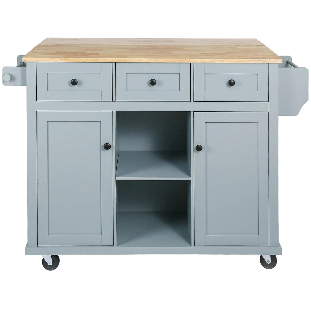 53" Brown and Blue Wood Flat Door Rolling Kitchen Cart With Storage