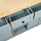 53" Brown and Blue Wood Flat Door Rolling Kitchen Cart With Storage