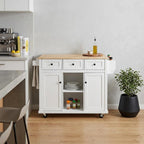 53" Brown and White Wood Flat Door Rolling Kitchen Cart With Storage