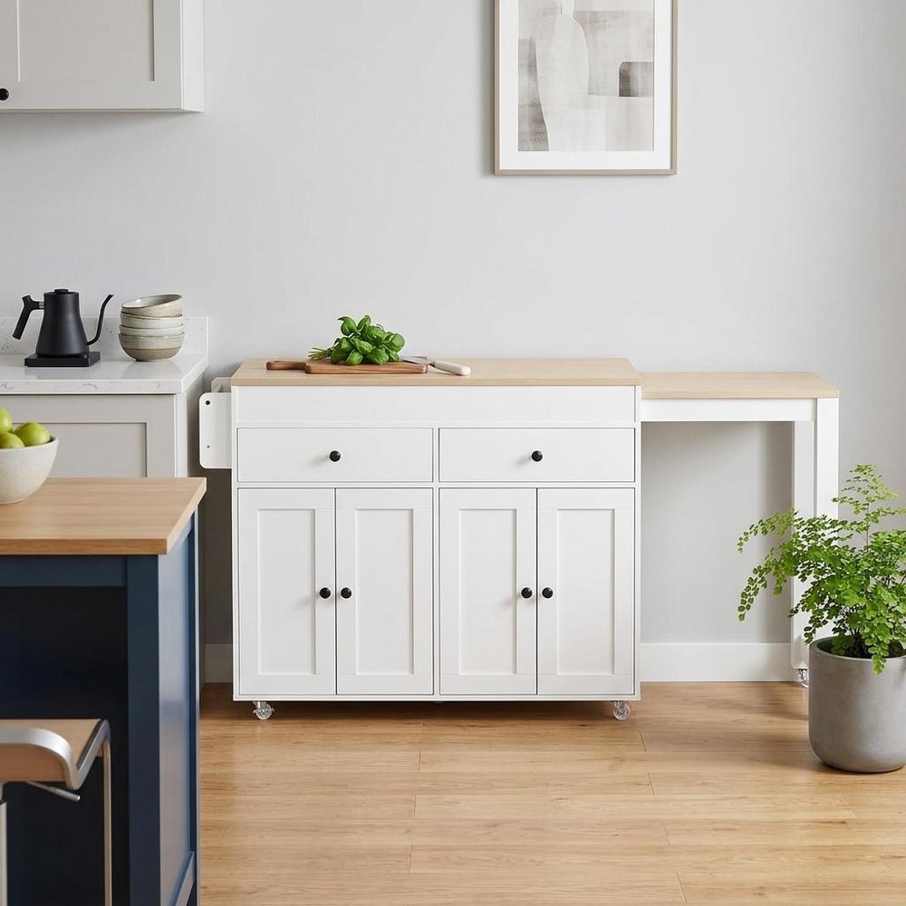 51" Brown and White Wood Flat Door Rolling Kitchen Cart