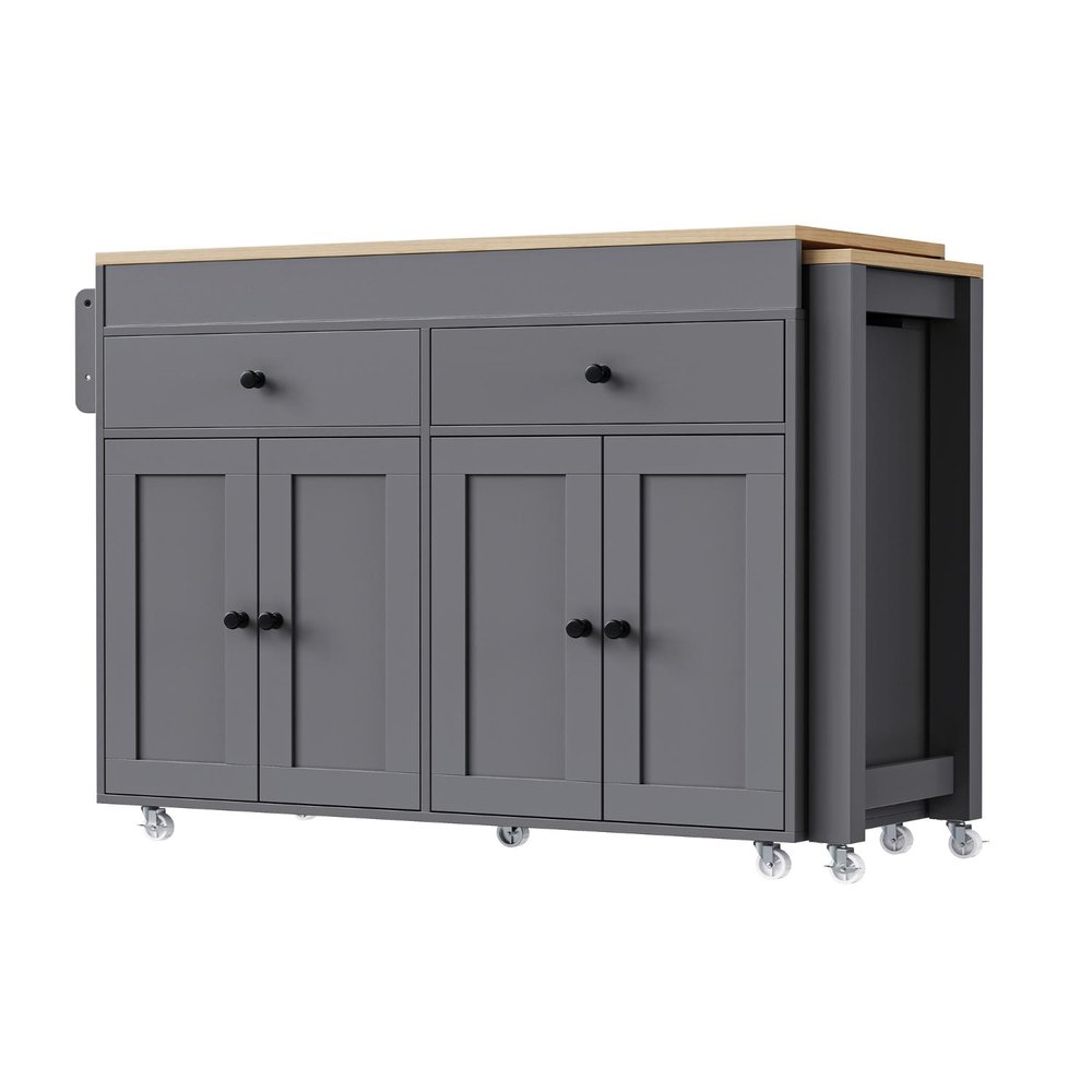 51" Brown and Gray Wood Flat Door Rolling Kitchen Cart
