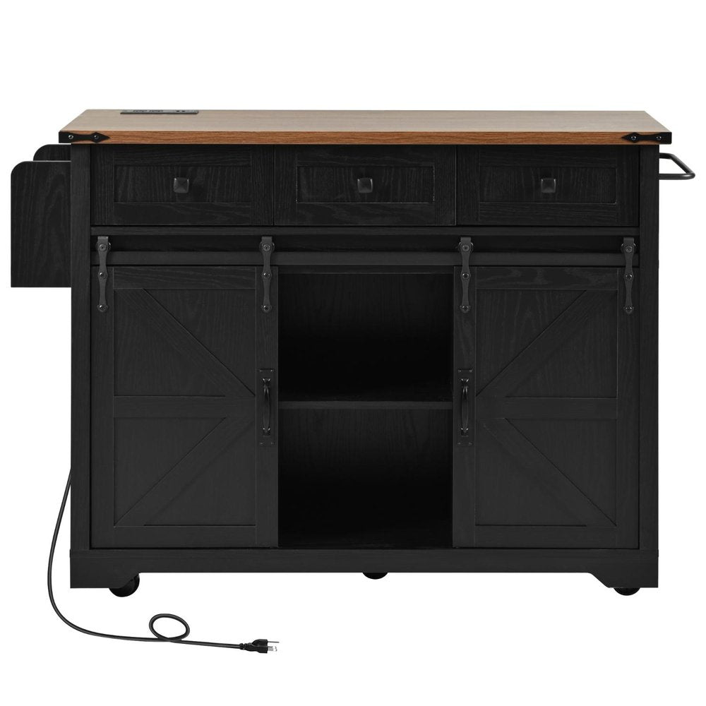 54" Brown and Black Wood Flat Door Rolling Kitchen Cart With Storage With USB