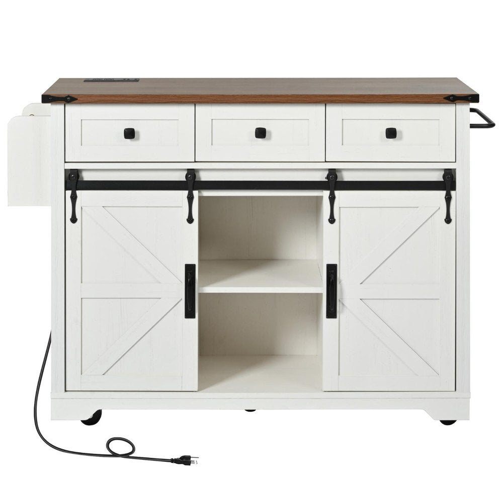 54" Brown and White Wood Flat Door Rolling Kitchen Cart With Storage With USB