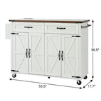 54" Brown and White Wood Flat Door Rolling Kitchen Cart With USB