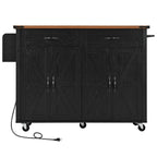 54" Brown and Black Wood Flat Door Rolling Kitchen Cart With USB