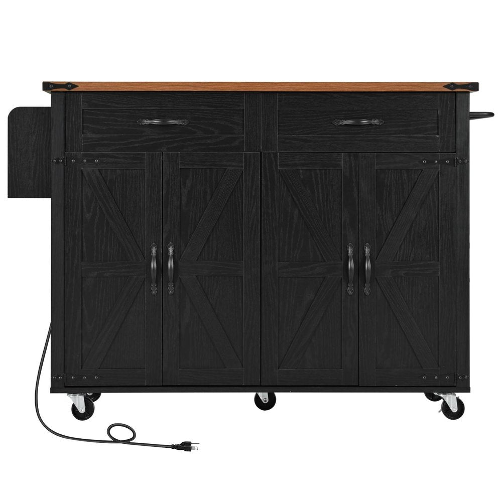 54" Brown and Black Wood Flat Door Rolling Kitchen Cart With USB