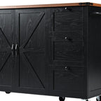55" Brown and Black Wood Flat Door Rolling Kitchen Cart With Storage With USB