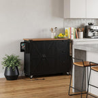 55" Brown and Black Wood Flat Door Rolling Kitchen Cart With Storage With USB