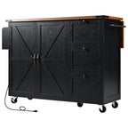 55" Brown and Black Wood Flat Door Rolling Kitchen Cart With Storage With USB