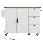 55" Brown and White Wood Flat Door Rolling Kitchen Cart With Storage With USB