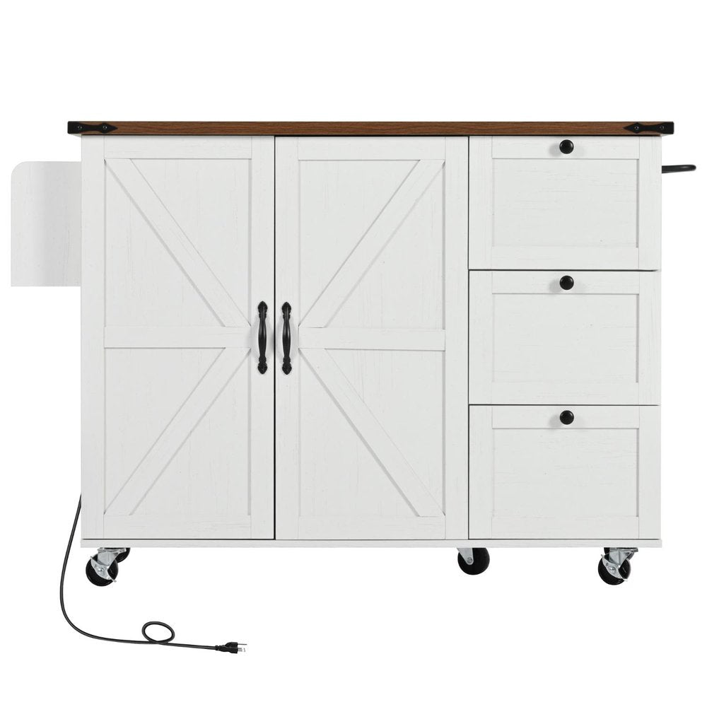 55" Brown and White Wood Flat Door Rolling Kitchen Cart With Storage With USB