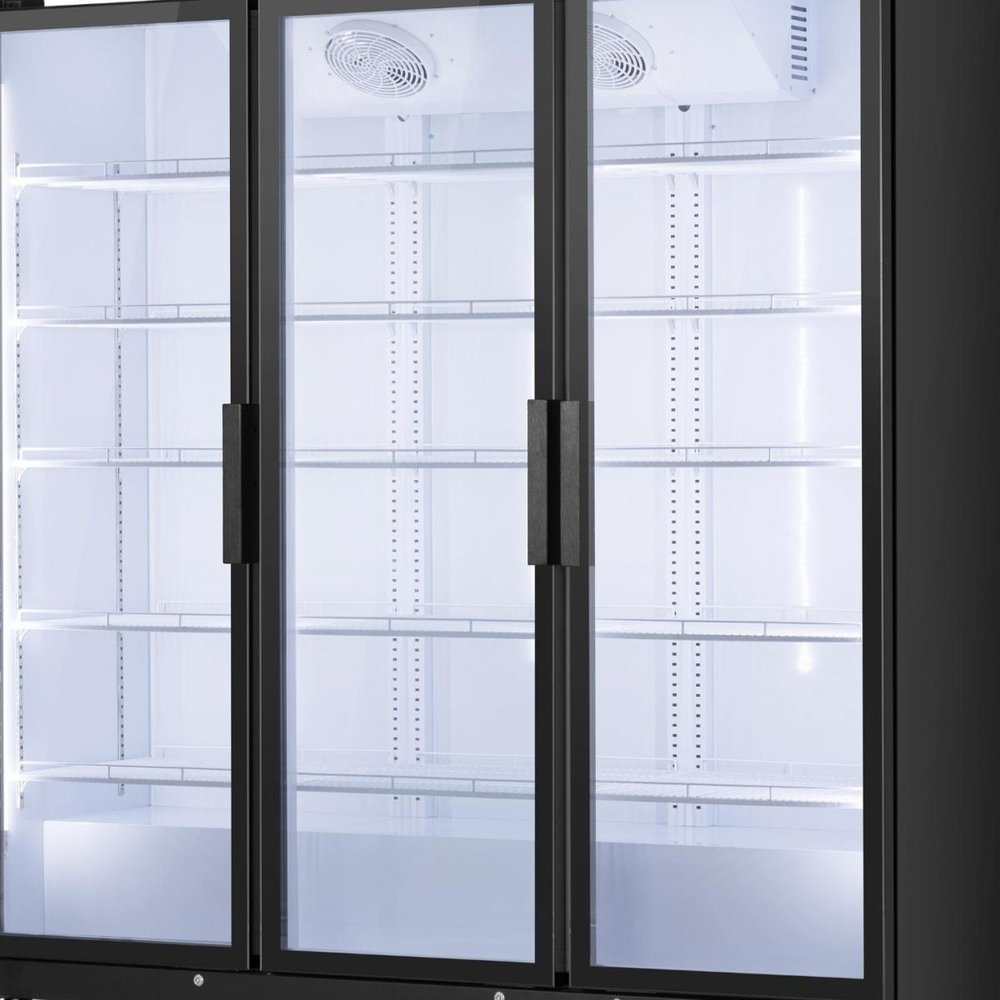 76" X 66" Clear and Black Metal Triple Door Can Beverage Refrigerator