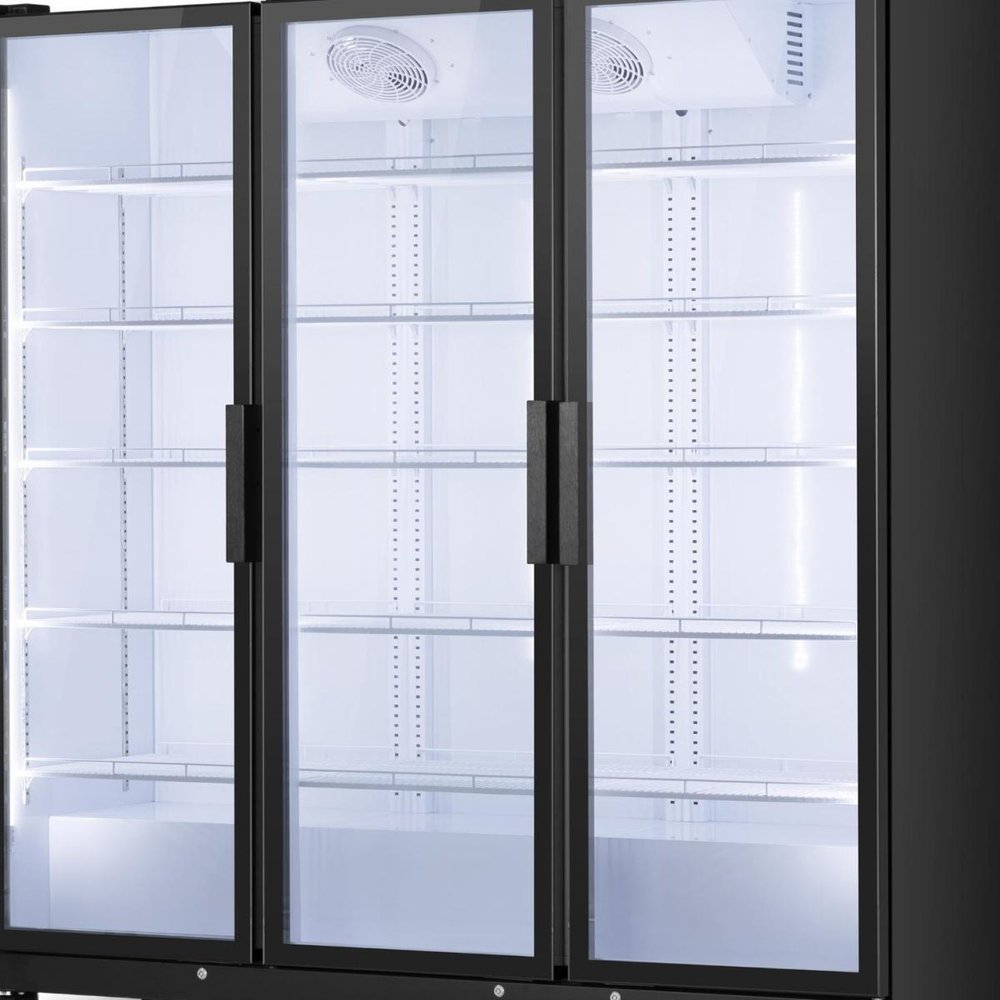 76" X 66" Clear and Black Metal Triple Door Can Beverage Refrigerator