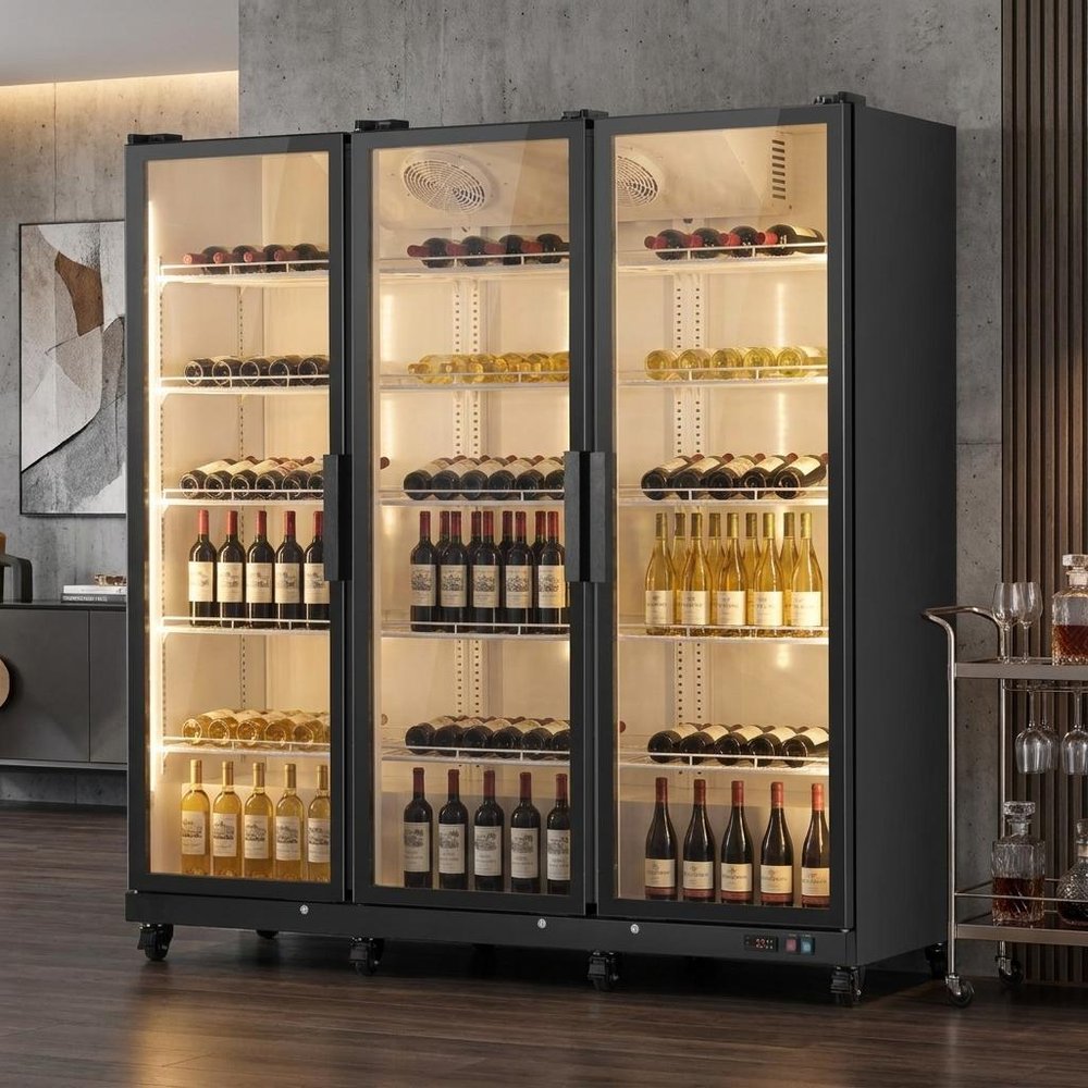 76" X 66" Clear and Black Metal Triple Door Can Beverage Refrigerator