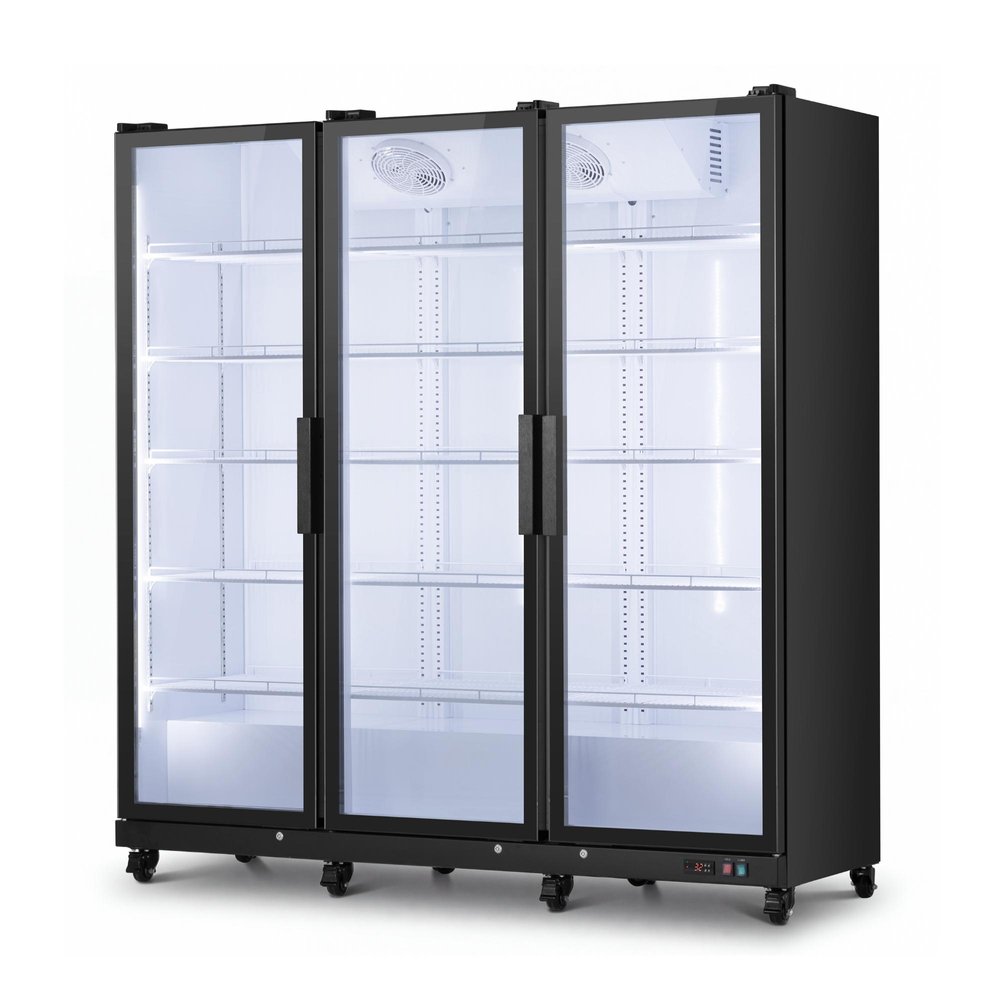 76" X 66" Clear and Black Metal Triple Door Can Beverage Refrigerator