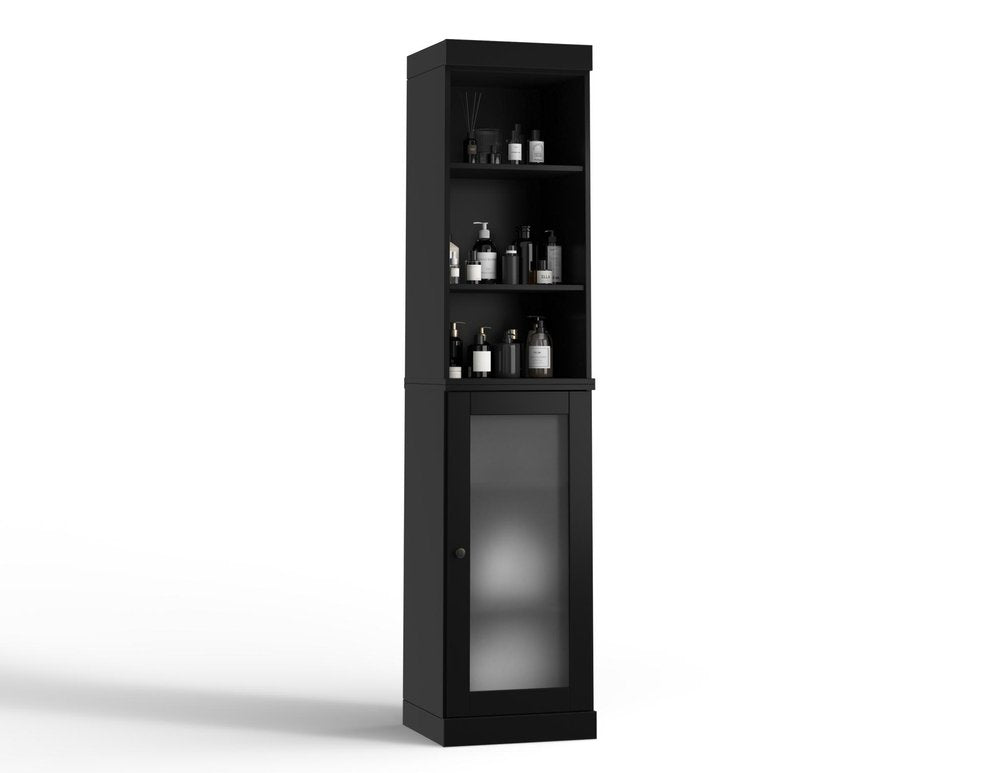 17" Black Solid Wood Glass Panel Inlay Single Door Linen Cabinet