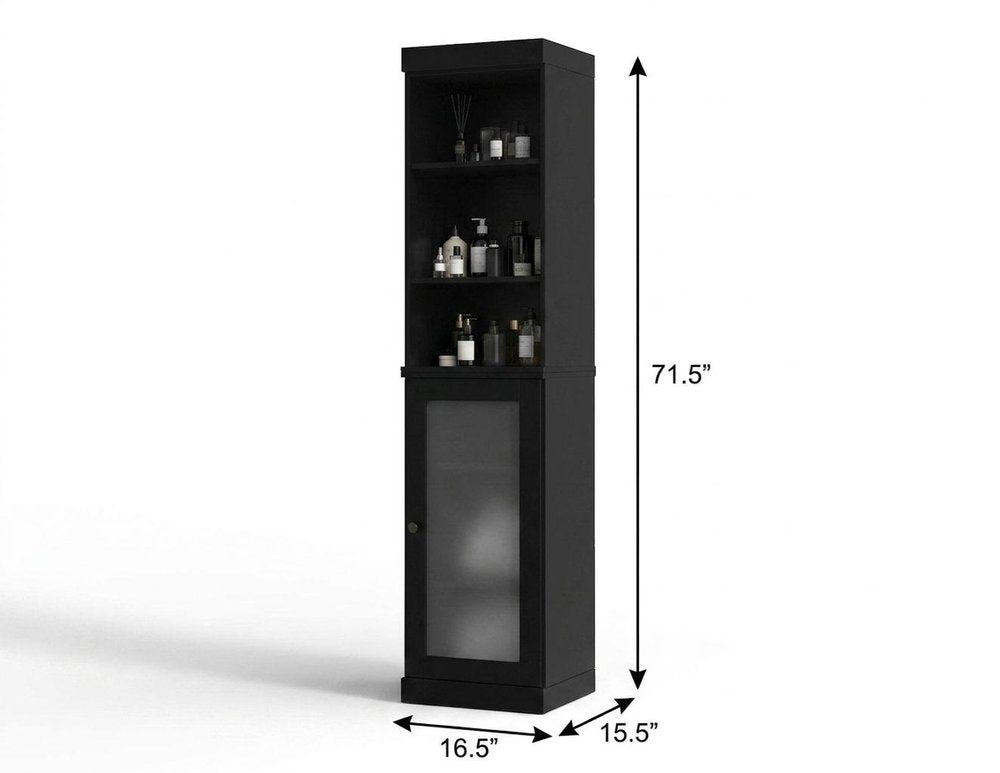 17" Black Solid Wood Glass Panel Inlay Single Door Linen Cabinet