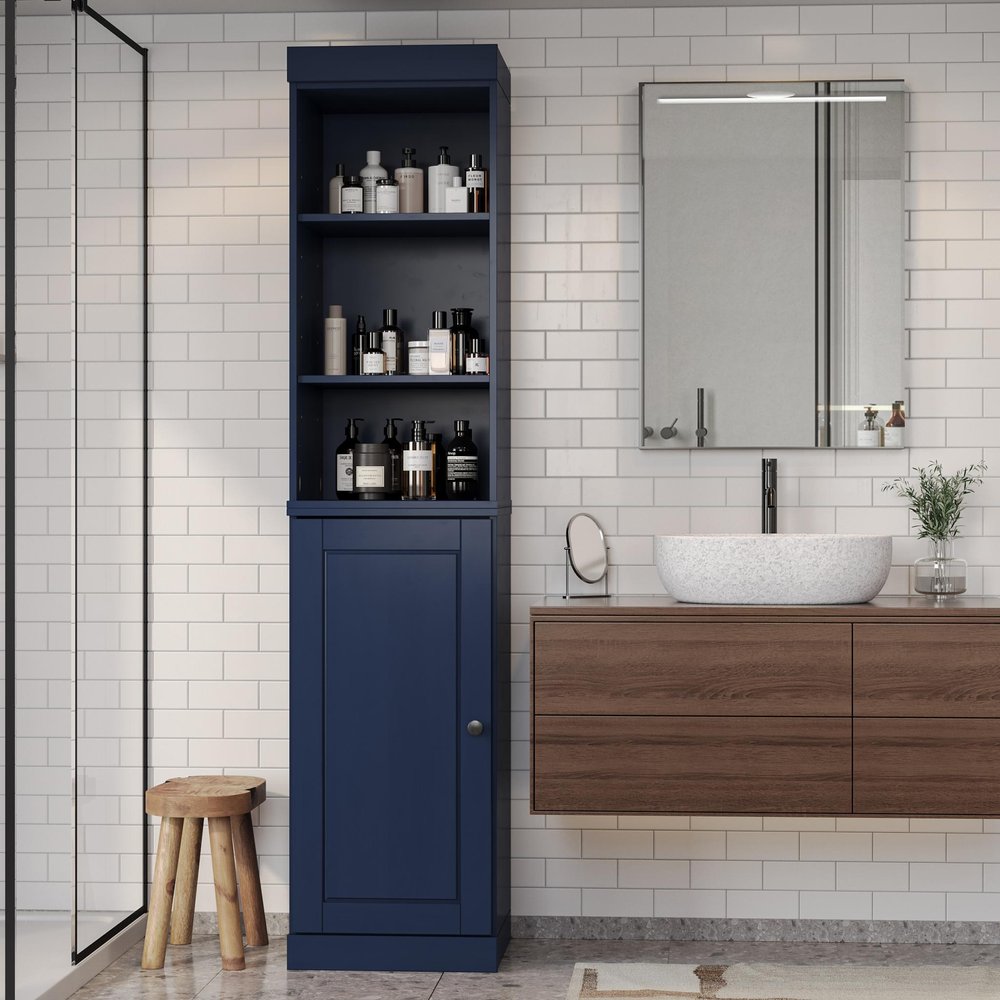 17" Navy Blue Solid Wood Raised Panel Single Door Linen Cabinet