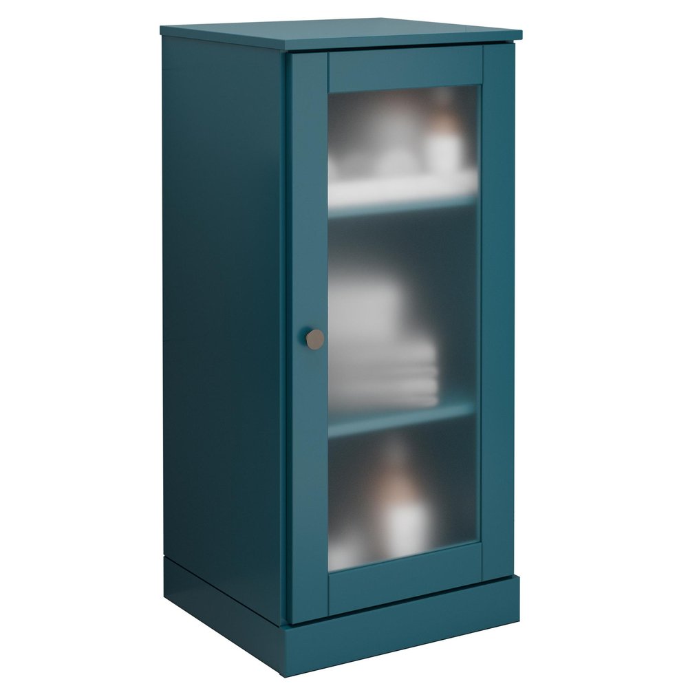 17" Teal Blue Solid Wood Glass Panel Inlay Single Door Linen Cabinet