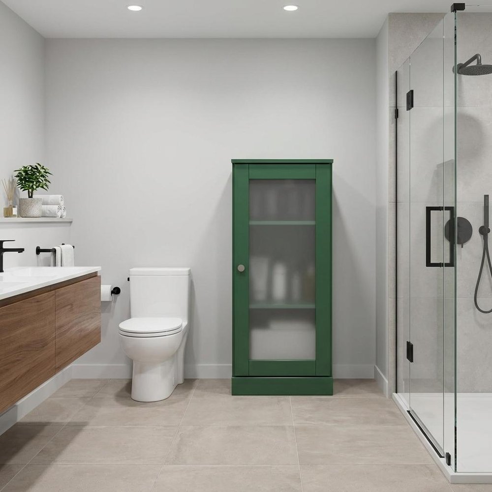17" Green Solid Wood Glass Panel Inlay Single Door Linen Cabinet