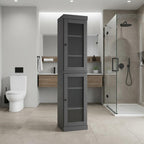 17" Gray Solid Wood Glass Panel Inlay Double Door Linen Cabinet