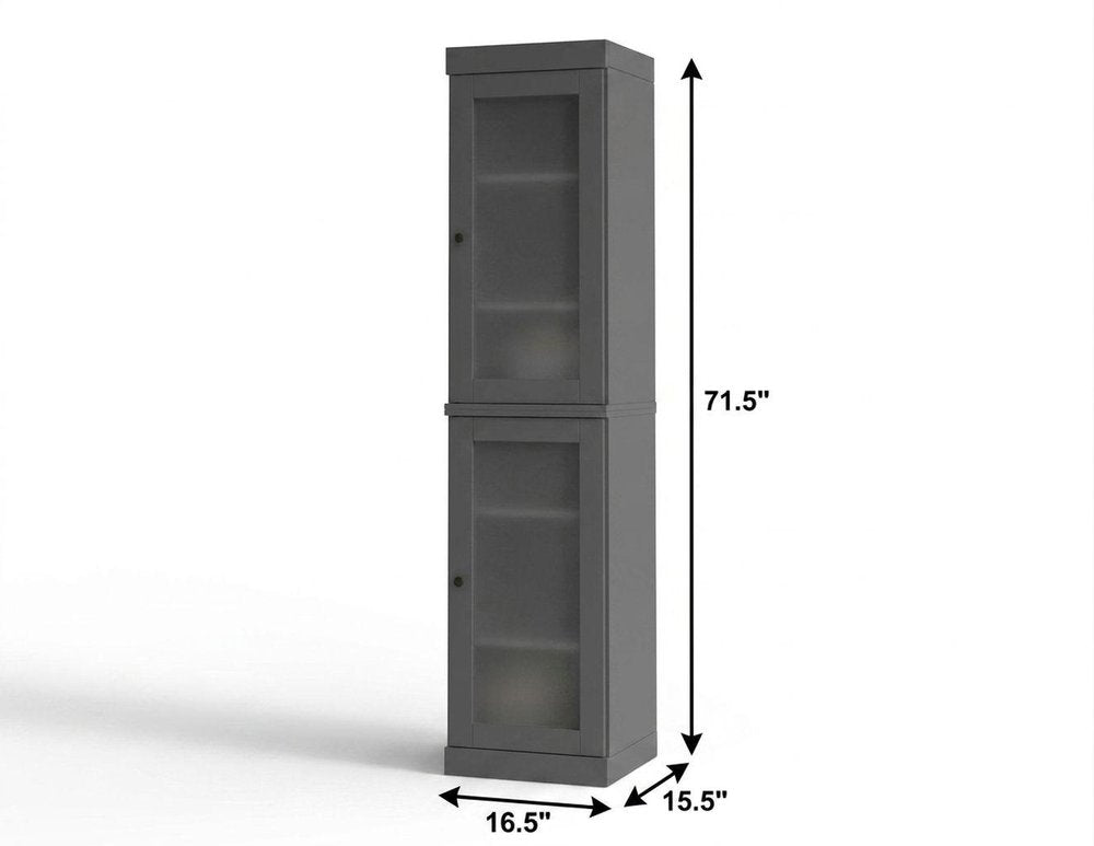 17" Gray Solid Wood Glass Panel Inlay Double Door Linen Cabinet