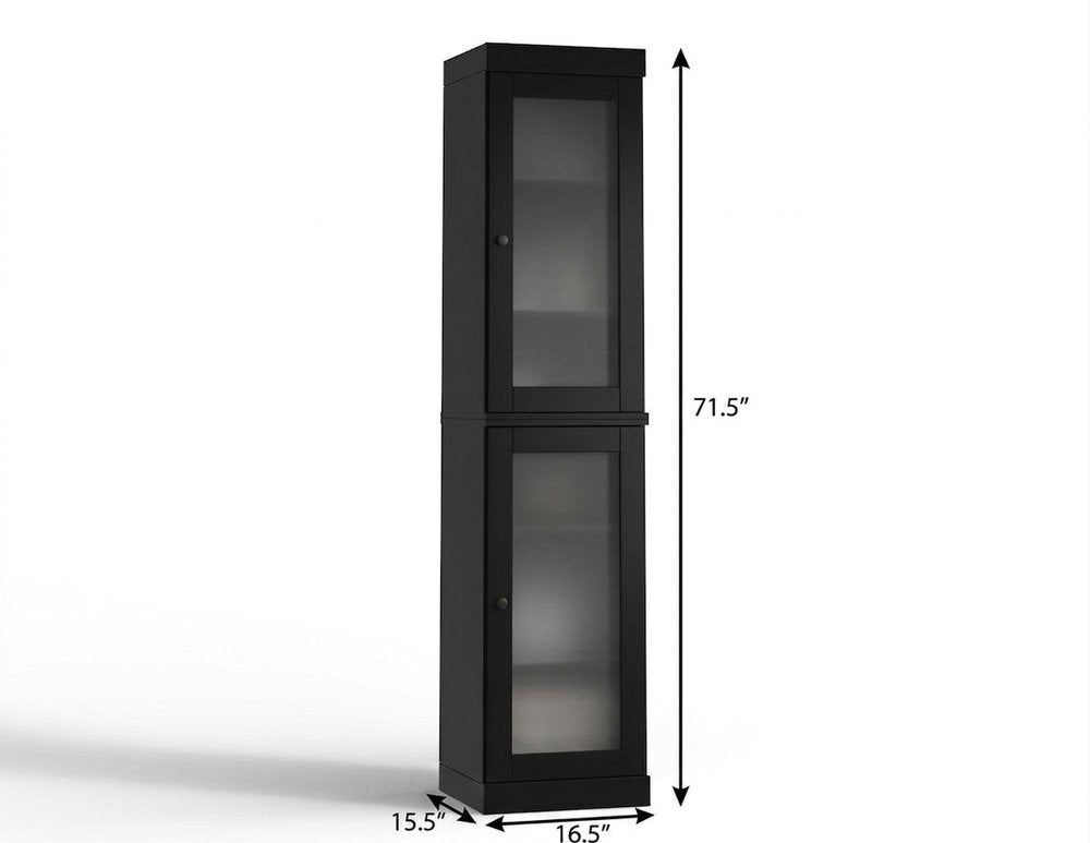 17" Black Solid Wood Glass Panel Inlay Double Door Linen Cabinet