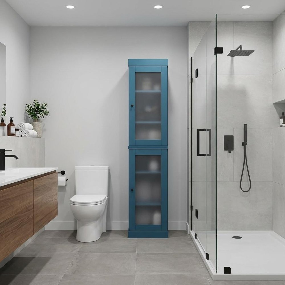 17" Teal Blue Solid Wood Glass Panel Inlay Double Door Linen Cabinet