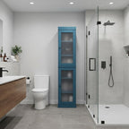17" Teal Blue Solid Wood Glass Panel Inlay Double Door Linen Cabinet