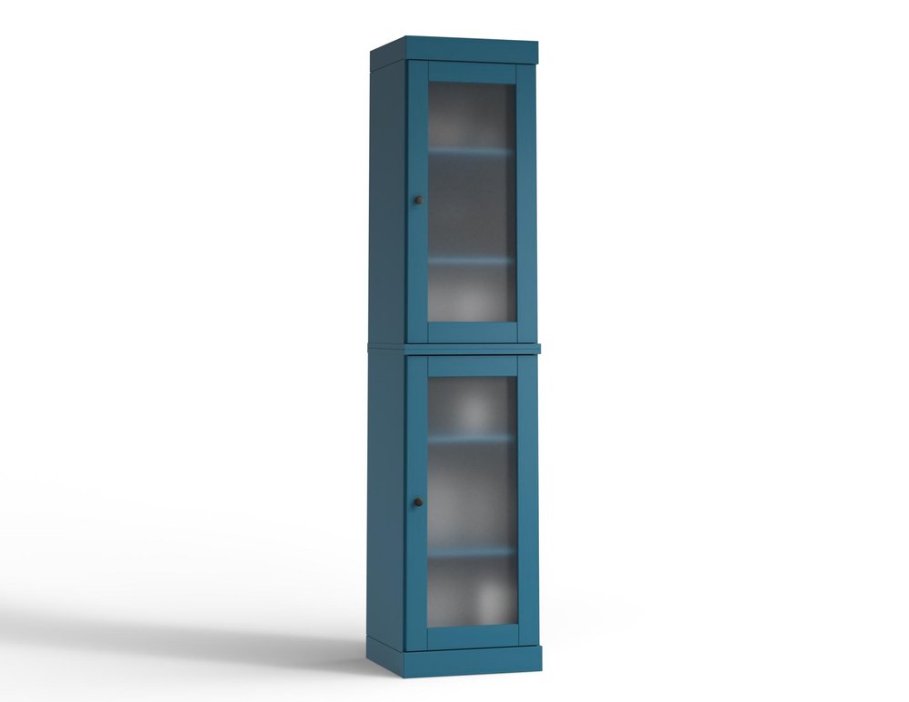17" Teal Blue Solid Wood Glass Panel Inlay Double Door Linen Cabinet