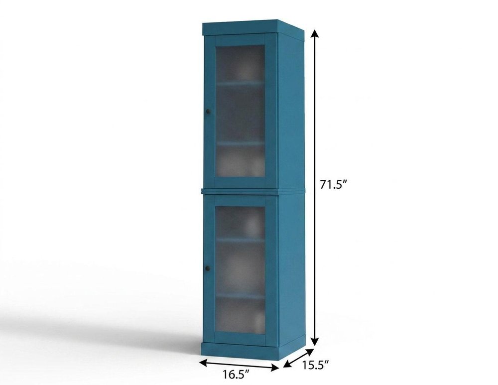 17" Teal Blue Solid Wood Glass Panel Inlay Double Door Linen Cabinet