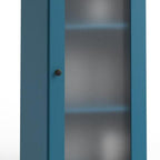17" Teal Blue Solid Wood Glass Panel Inlay Double Door Linen Cabinet